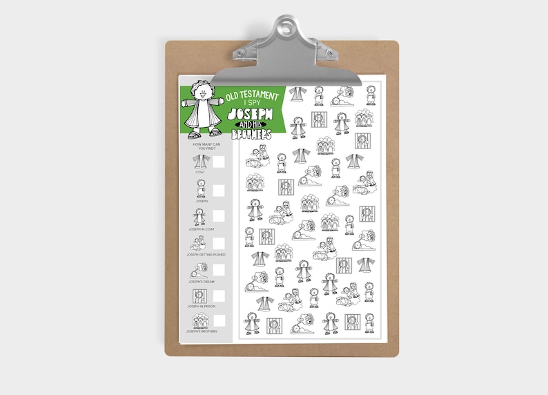 May include: A black and white printable I Spy game featuring the biblical story of Joseph and his brothers. The game includes images of Joseph's coat, Joseph in prison, Joseph's brothers, and other scenes from the story. The game is titled "Old Testament I Spy: Joseph and His Brothers".