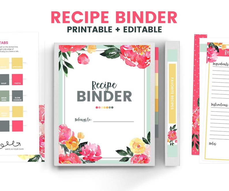 Printable Recipe Binder, Editable Recipe Binder, Recipe Organizer, Family Recipe Binder, Fillable Recipe Cards, Cookbook Binder, Recipe Card image 1