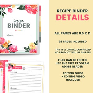 Printable Recipe Binder, Editable Recipe Binder, Recipe Organizer, Family Recipe Binder, Fillable Recipe Cards, Cookbook Binder, Recipe Card image 9