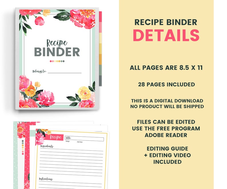 Printable Recipe Binder, Editable Recipe Binder, Recipe Organizer, Family Recipe Binder, Fillable Recipe Cards, Cookbook Binder, Recipe Card image 9