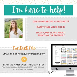 May include: A woman smiles and offers help with questions about products, files, printing, or editing. Contact her via email at hello@kendrajohn.com or through Etsy.