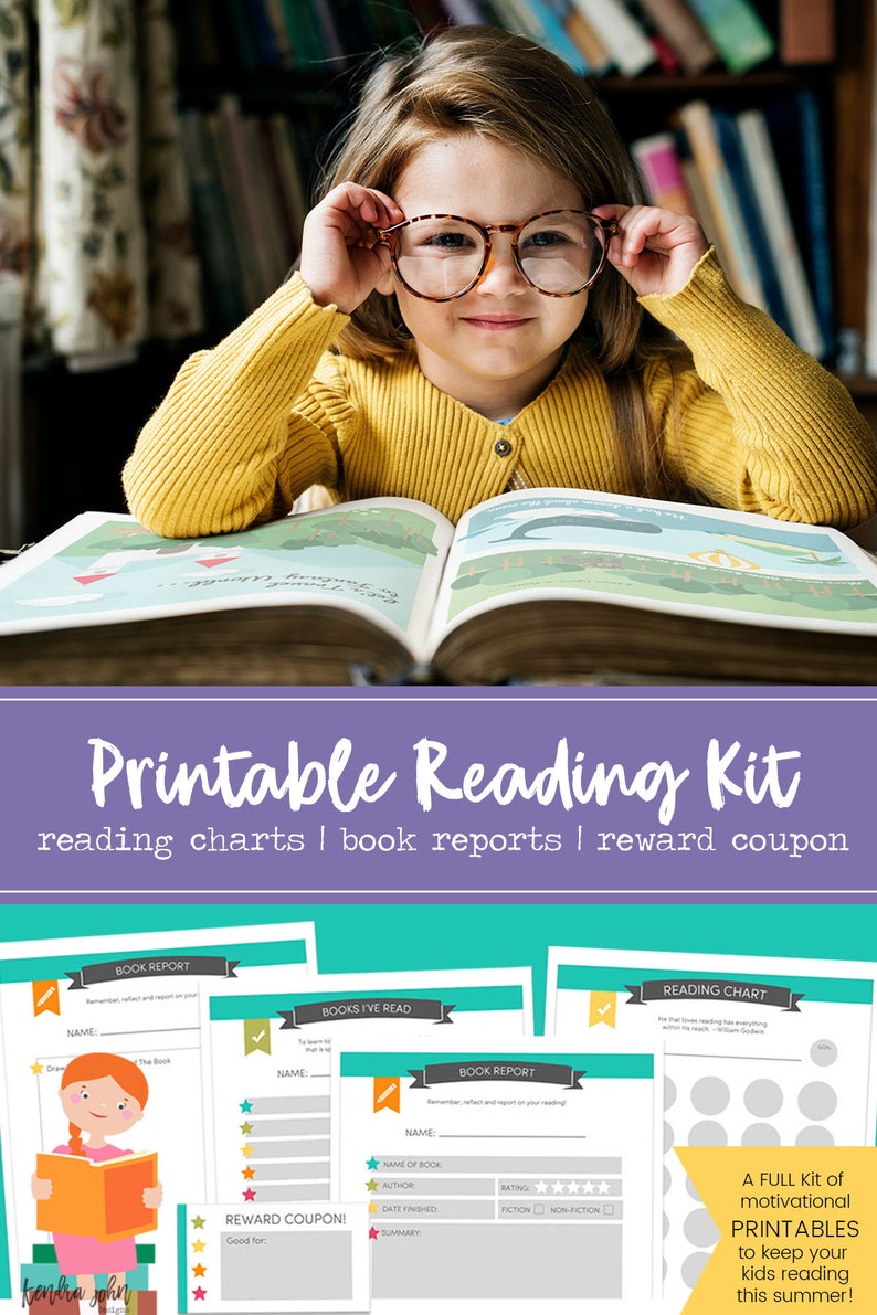 K&ouml;nnte beinhalten: Ein druckbares Leseset f&uuml;r Kinder mit einem farbenfrohen Design. Das Set enth&auml;lt eine Leseliste, Buchberichte und einen Belohnungsgutschein. Der Text auf dem Bild lautet "Printable Reading Kit, reading charts | book reports | reward coupon, A FULL Kit of motivational PRINTABLES to keep your kids reading this summer!"