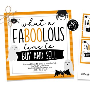 Op de afbeelding: Oranje en zwarte Halloween-thema-visitekaartje voor vastgoed met een spook, vleermuis en spin. De tekst luidt "What a FABOOLOUS time to BUY AND SELL". De kaart bevat de naam Hannah Granson, Keller Realty Company en een telefoonnummer.