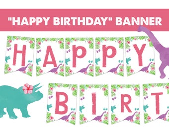 Girl Dinosaur Birthday, Birthday Banner for Girl Dinosaur Party, Girl Dino Birthday Decor, Girl Dinosaur Birthday Printables,