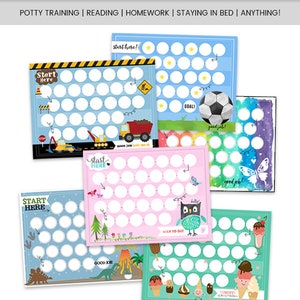 May include: Five colorful printable reward charts for kids. Each chart features a different theme, including construction vehicles, soccer, owls, dinosaurs, and ice cream. The charts have a path of circles to be filled in with stickers or stamps as a reward for good behavior. The text on the charts includes "Start Here", "Goal", "Way to Go", "Good Job", and "Yummy!"