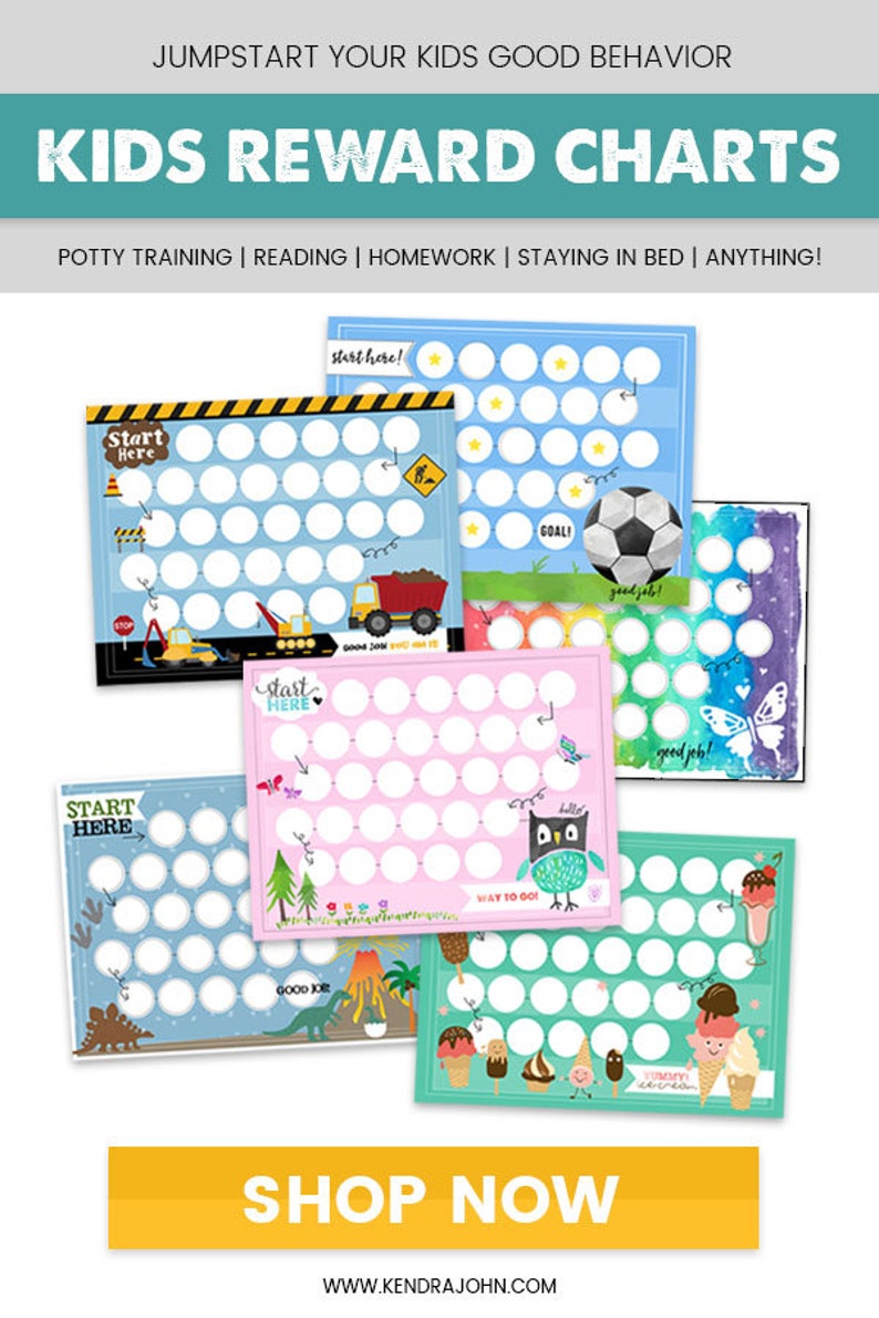 May include: Five colorful printable reward charts for kids. Each chart features a different theme, including construction vehicles, soccer, owls, dinosaurs, and ice cream. The charts have a path of circles to be filled in with stickers or stamps as a reward for good behavior. The text on the charts includes "Start Here", "Goal", "Way to Go", "Good Job", and "Yummy!"