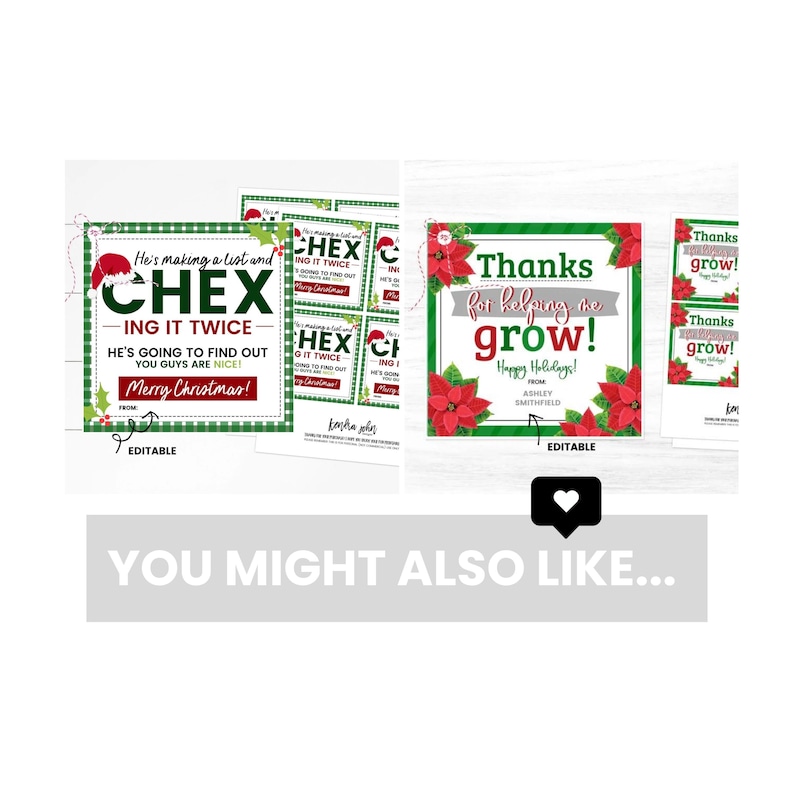 Op de afbeelding: Printbare kerstcadeau-etiketten met een groene en rode geruite achtergrond. Een etiket heeft een kerstmanmuts en de tekst "He's making a list and Chex-ing it twice. He's going to find out you guys are nice! Merry Christmas!" Een ander etiket heeft een rode kerstster en de tekst "Thanks for helping me grow! Happy Holidays! From Ashley Smithfield".