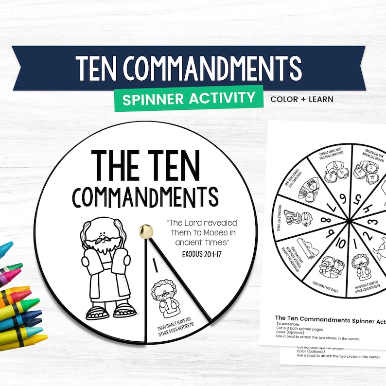 May include: Black and white printable spinner activity for kids to learn about the Ten Commandments. The spinner features a cartoon image of Moses and the text "The Lord revealed them to Moses in ancient times" with the scripture reference Exodus 20:1-17.
