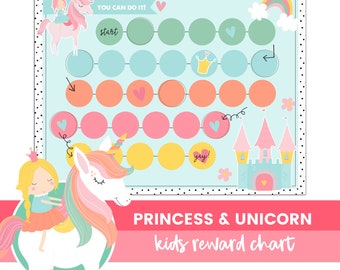 Reward Chart Printable, Kids Chore Chart, Princess and Unicorn, Digital Download, Behavior Chart, Homeschool