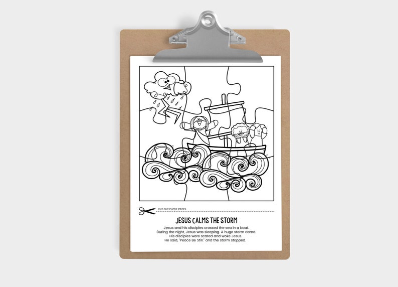 May include: A black and white coloring page depicting a scene from the Bible story of Jesus calming the storm. Jesus is shown standing in a boat with his disciples, while a large storm cloud with lightning and rain pours down on them. The text "JESUS CALMS THE STORM" is at the bottom of the page, along with a short description of the story.