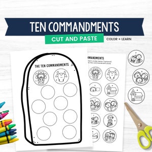 May include: Black and white printable worksheet for kids to learn about the Ten Commandments. The worksheet features a stone tablet with ten circles to paste the commandments on. The commandments are illustrated with simple drawings and numbered.