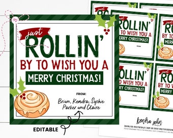Cinnamon Roll Gift Tag, Just Rollin' By, Christmas Neighbor Gift Printable, Holiday Gift Tag, Christmas Treat Tag, Neighbor Christmas Gift