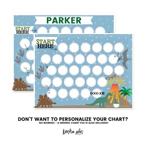 May include: A blue and white dinosaur-themed printable chart with the name "PARKER" at the top. The chart has a "START HERE" arrow and a path of circles to be filled in. The chart also includes a dinosaur, a volcano, and a palm tree.