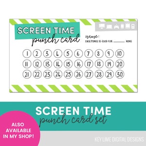 K&ouml;nnte beinhalten: Eine gr&uuml;n-wei&szlig;e druckbare Bildschirmzeit-Stempelkarte mit 30 Kreisen zur Verfolgung der Bildschirmzeit. Die Karte tr&auml;gt den Text "SCREEN TIME punch card" oben und "name: EACH PUNCH IS GOOD FOR ____ MINS" oben rechts. Die Karte tr&auml;gt auch den Text "SCREEN TIME punch card set" unten.