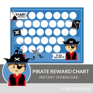 May include: A blue and white printable pirate reward chart with a pirate character and a grid of circles. The text "START HERE!" and "Yo-ho you DiD it!" is included.  The chart is for a child to track their progress towards a reward.
