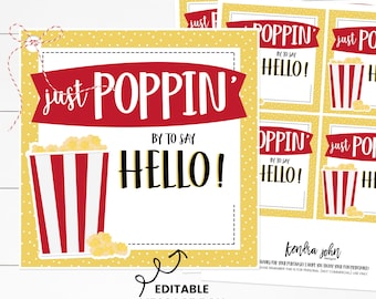 Just Poppin' By, LDS Ministering Gift, Treat Tag, Popcorn Tag, New Neighbor Gift, Ministering Handout,