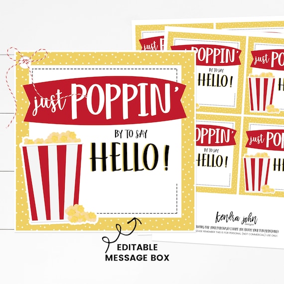 Just Poppin' By, LDS Ministering Gift, Treat Tag, Popcorn Tag, New Neighbor Gift, Ministering Handout,