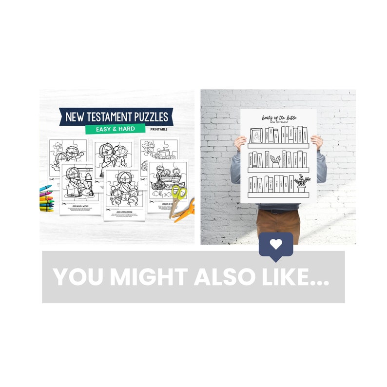 May include: A printable set of New Testament puzzles for kids. The puzzles feature black and white illustrations of Bible stories. The set includes both easy and hard puzzles.