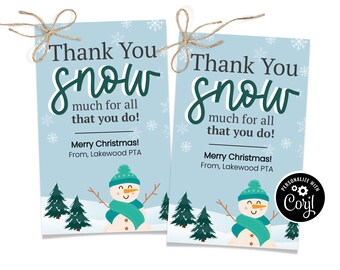 May include: Two blue and white thank you cards with a snowman illustration and the text "Thank You Snow much for all that you do! Merry Christmas! From, Lakewood PTA".