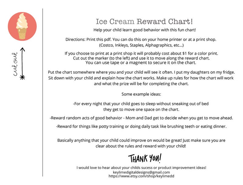 May include: Printable ice cream reward chart for children. The chart features a colourful ice cream cone graphic and instructions for use. It includes tips for setting up a reward system for good behaviour.