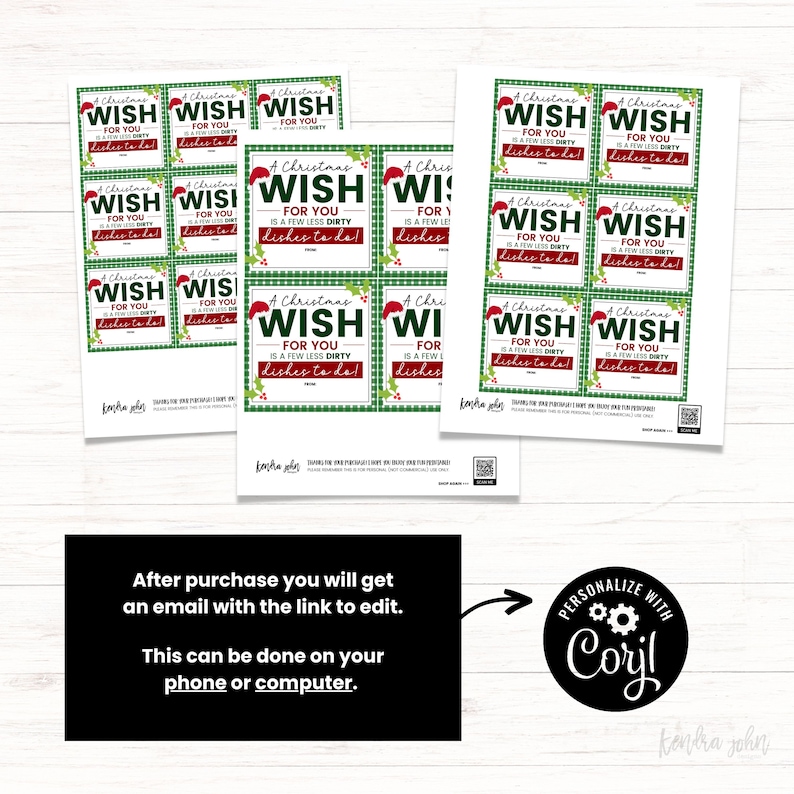 Op de afbeelding: Printbare kerstcadeau-labels met een groene en witte geruite achtergrond. De labels hebben een rode kerstmanmuts en de tekst "Een kerstwens voor jou is minder vies vaatwerk om te doen!"