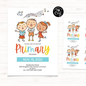 Peut inclure: Invitation à un programme primaire au Redlands Ward le 19 novembre 2023 à 14h00. L'invitation présente une illustration colorée de trois enfants chantant avec des notes de musique en arrière-plan.