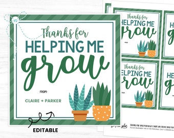 Thanks For Helping Me Grow Tag, Teacher Appreciation Printable Tag, Teacher Appreciation Idea, Teacher Thank You Tag, Plant Gift for Teacher