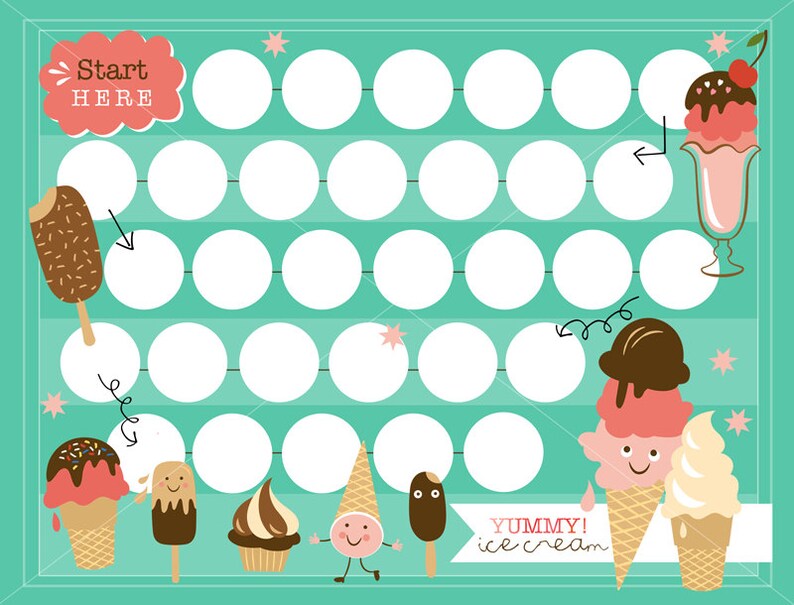 May include: A colourful ice cream themed game board with a 'start here' label and a path to follow. The board has 25 circles with a variety of ice cream cones, popsicles, and sundaes. The text 'Yummy! Ice Cream' is at the bottom of the board.