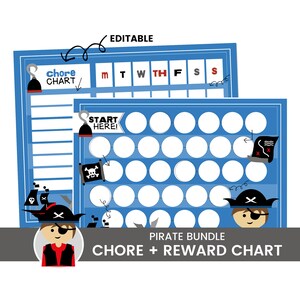 May include: Editable pirate-themed chore and reward chart printable. The chart features a blue background with a pirate ship and a treasure chest. The chart is divided into days of the week and has a space for each day's chores. The reward chart has a grid of circles with a pirate ship at the top and a treasure chest at the bottom. The chart is designed to help children learn about responsibility and earn rewards for completing their chores.