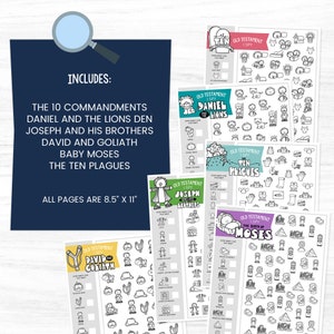 May include: A set of 10 printable Old Testament I Spy activity sheets for kids. Each sheet features a different Bible story, including the Ten Commandments, Daniel and the Lions Den, Joseph and His Brothers, David and Goliath, Baby Moses, and the Ten Plagues. The sheets are 8.5 inches by 11 inches.