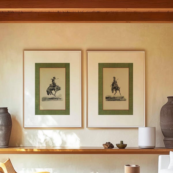 Green Western Wall Decor : Vintage Horse Art, Cowboy Sketches, Rustic Gallery Set