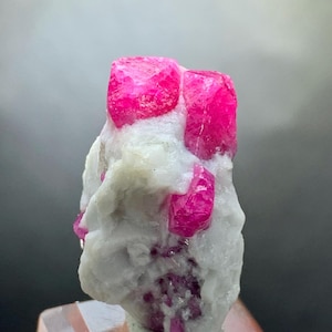 Pode incluir: Uma aproximação de um espécime mineral com vibrantes cristais de rubi rosa choque emergindo de uma matriz de rocha branca. Os cristais de rubi têm uma estrutura cristalina e a rocha tem uma textura áspera. O espécime é exibido em um suporte transparente.
