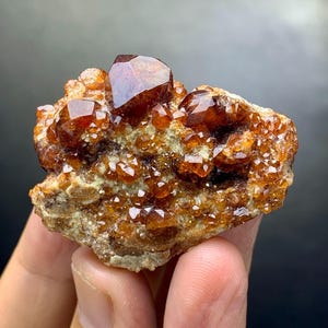 May include: A cluster of lustrous, reddish-brown garnet crystals on a matrix of tan rock. The crystals have a faceted, geometric shape, reflecting light. The overall appearance is rough and natural, showcasing the beauty of the mineral formation.
