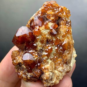 May include: A cluster of lustrous, reddish-brown garnet crystals on a matrix of tan rock. The crystals have a glassy appearance and are of varying sizes, with some displaying well-defined geometric shapes. The overall texture is rough and natural.