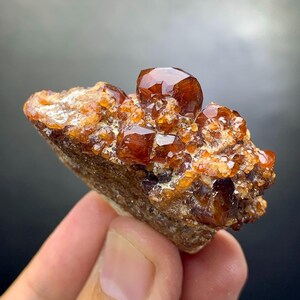 May include: Close-up of a cluster of orange-brown garnet crystals. The crystals have a glossy, faceted appearance and are set on a rough, brown matrix. The mineral specimen is held in a hand.