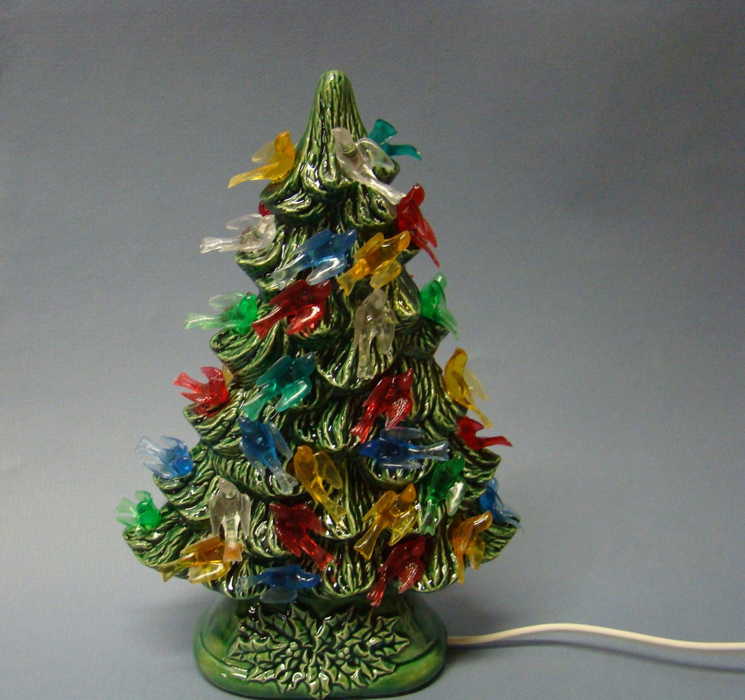 9 Inch Green Ceramic Christmas Tree,bird Lights, Window Sill Tree,handmade,with Electric Light