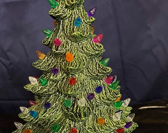 Christmas Tree 13” with multi colored bulbs, Star and electric light cord. Handmade