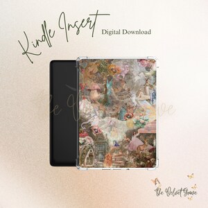May include: A digital download Kindle Insert with a fantasy collage design. The insert displays a whimsical scene with fairies, mushrooms, and a deer, set against a muted, textured background. The text "Kindle Insert" and "Digital Download" are visible.