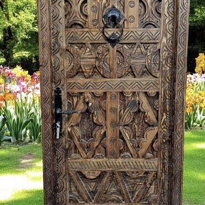 Boho Decor Vintage Door, Moroccan Wooden Door – Hand Carved Antique Style Door, Handmade Wooden Entry Door, Rustic Moroccan Home Decor