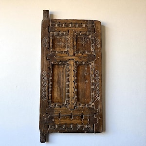 Vintage Moroccan Carved Wood Door: Rustic Boho Wall Hanging Decor