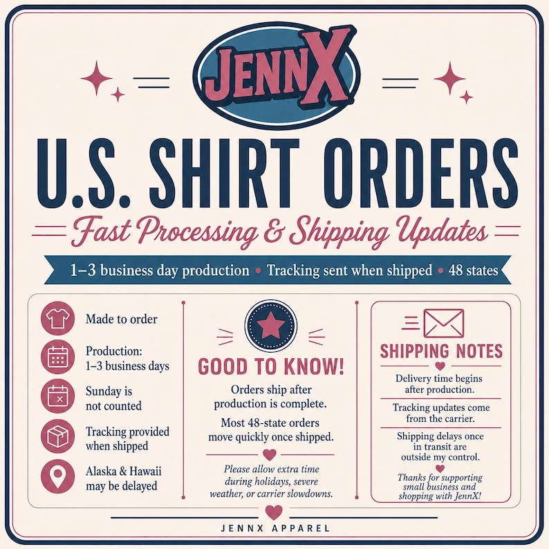 May include: A square informational graphic with a cream background and dark blue border. The text reads JENNX at the top, followed by U.S. SHIRT ORDERS, Fast Processing & Shipping Updates, GOOD TO KNOW!, and SHIPPING NOTES with various icons.