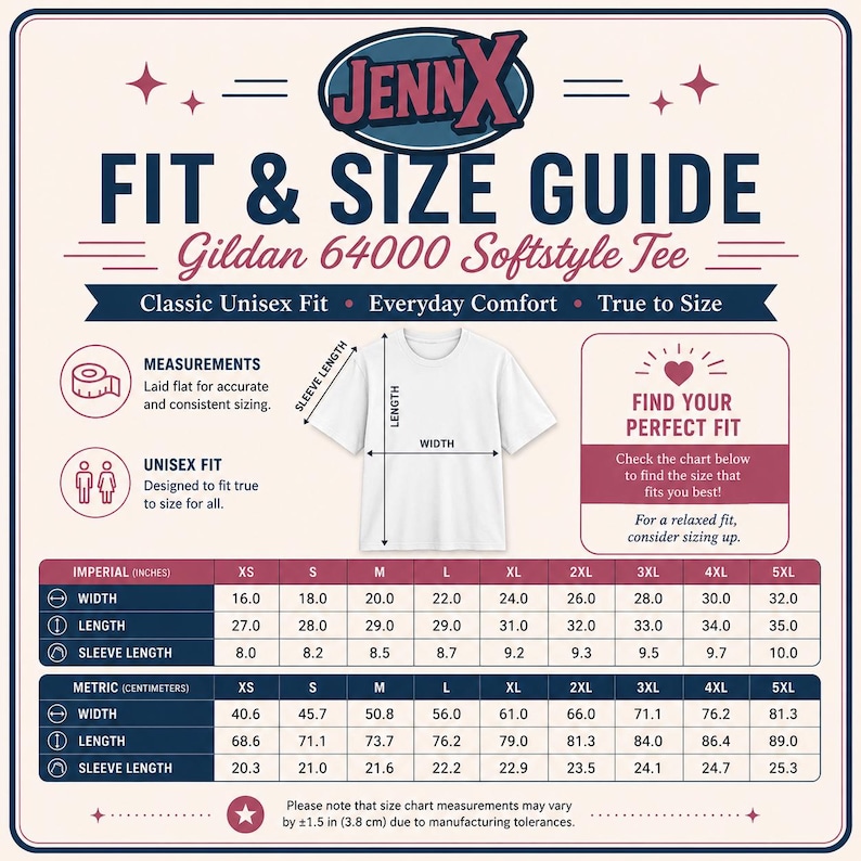 May include: A white t-shirt size guide chart titled JENNX FIT & SIZE GUIDE for Gildan 64000 Softstyle Tee. It displays a central t-shirt illustration with width, length, and sleeve length arrows, plus a table listing measurements in inches from XS to 5XL.
