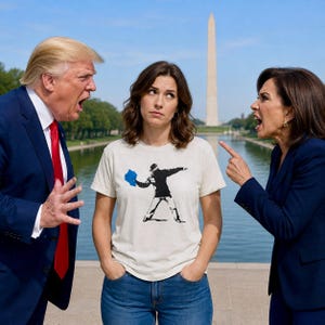 以下が含まれることがあります： クリーム色の半袖Tシャツに、青い形を投げる人物の黒いグラフィックが描かれ、青いデニムジーンズを着用した人物。その人物は、ジェスチャーをして叫んでいる紺色のスーツを着た2人の間に立っている。