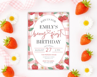 Plantilla de invitación para primer cumpleaños con diseño de bayas, invitación de cumpleaños con fresas, invitación digital, diseño de cuadros vichy, editable, Canva