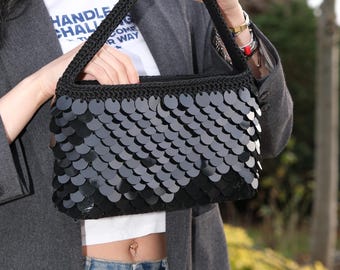 Handmade Sequin Shoulder Bag: Hand-Knitted Sparkly Evening Bag