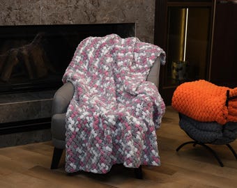 Chunky Knit Blanket: Handmade Wool Blend Throw Pink/Grey/White - Boho Home Decor