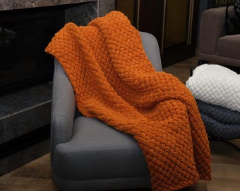 Chunky Knit Blanket: Handmade Wool Blend Throw Pumpkin - Boho Home Decor