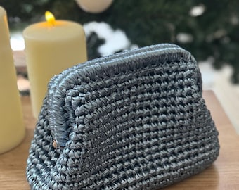 Ice Blue Crochet Raffia Clutch Bag: Handmade Statement Evening Purse