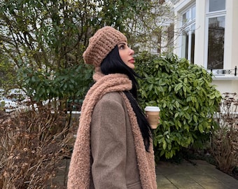 Curly Alpaca Camel Beige Scarf and Beanie Set