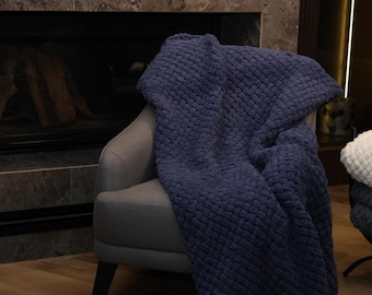 Chunky Knit Blanket: Handmade Wool Blend Throw - Boho Home Decor / Navy